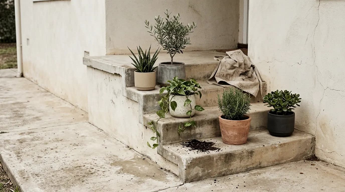 Five stoneware planters with plants on pale concrete porch steps